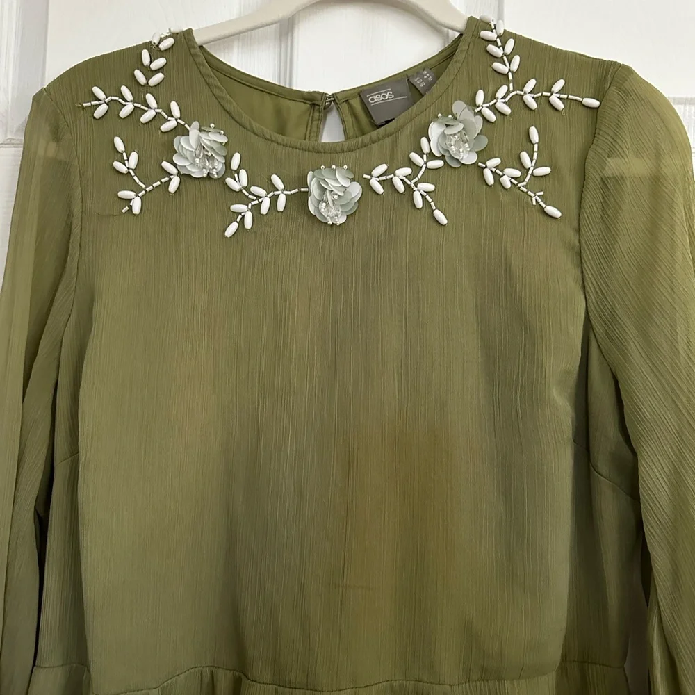 BNWOT Olive Green Dress with Floral Beading - Picture 2 of 7